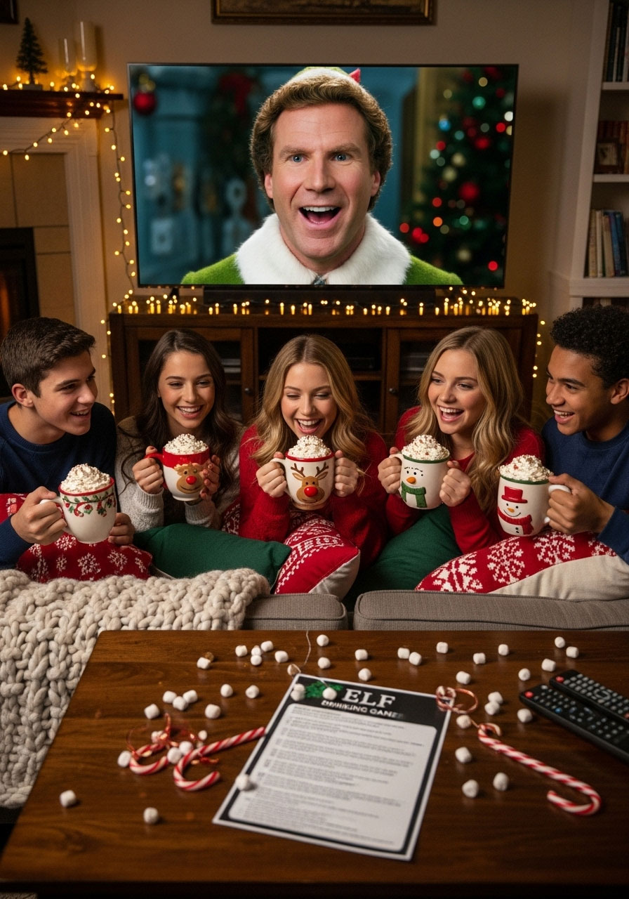 Teenagers watching Christmas movie with festive hot chocolate mugs, game rule sheet, marshmallows, and cozy holiday setup in living room