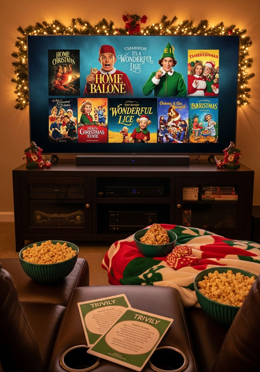 Christmas movie trivia setup with classic films displayed on TV, popcorn, and trivia cards for movie night game