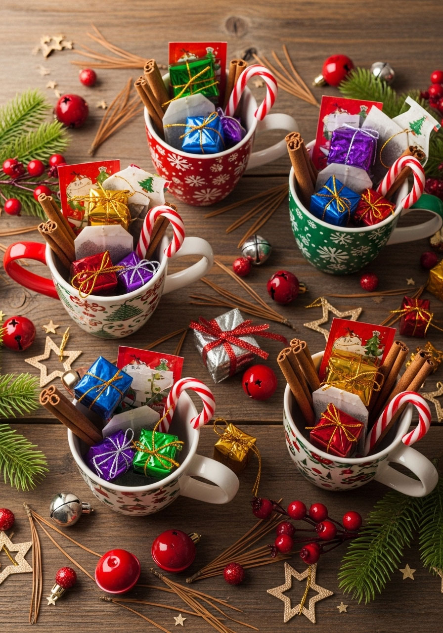 Festive Christmas mugs filled with small wrapped gifts candy and treats for creative mug gift exchange party idea