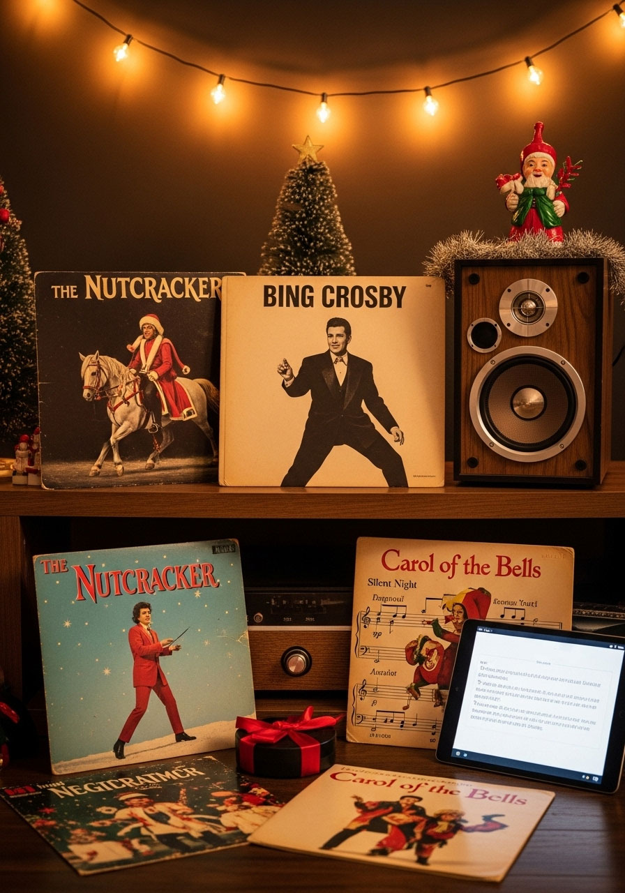 Christmas music trivia setup with vintage vinyl records, sheet music, and speakers - song and carol trivia game visualization