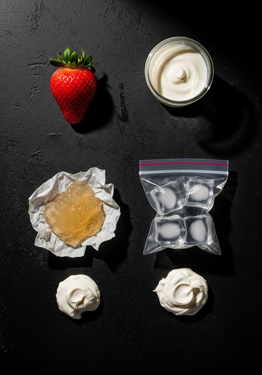 Messy Christmas mystery bag game items for teen and adult parties including strawberries, yogurt, and jelly