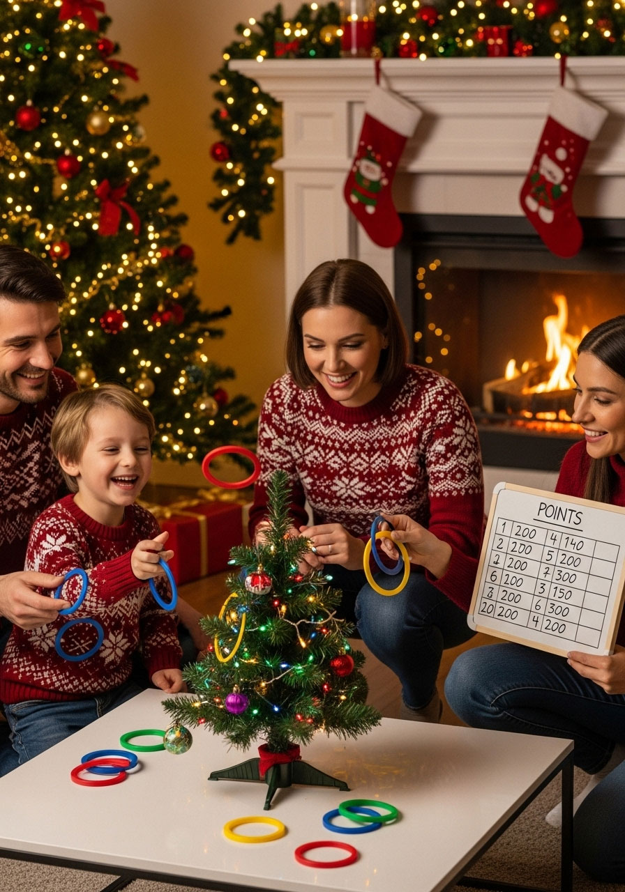 Family playing Christmas ornament ring toss on tree game