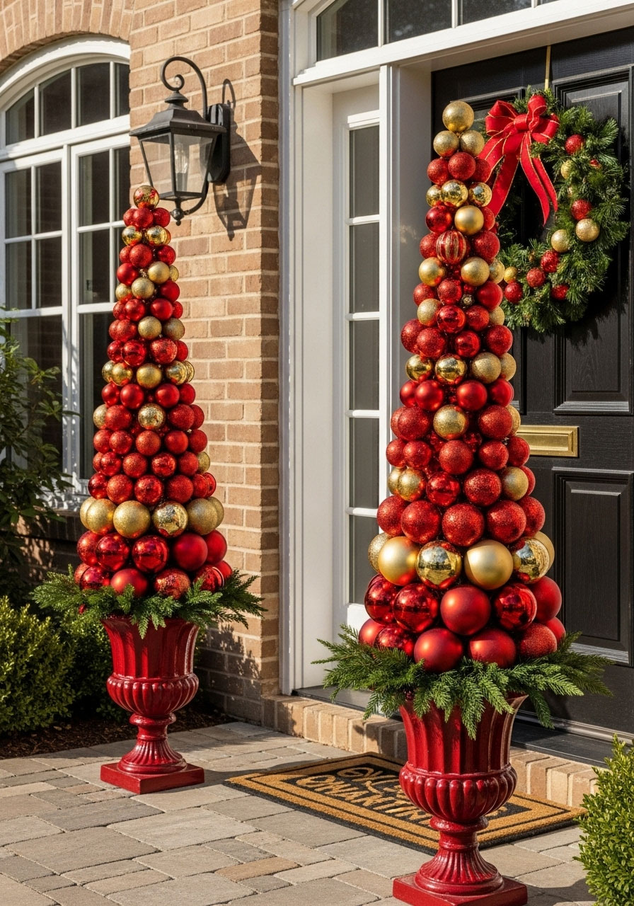 DIY Christmas topiary with red and gold ornaments in decorative urn flanking front door entrance
