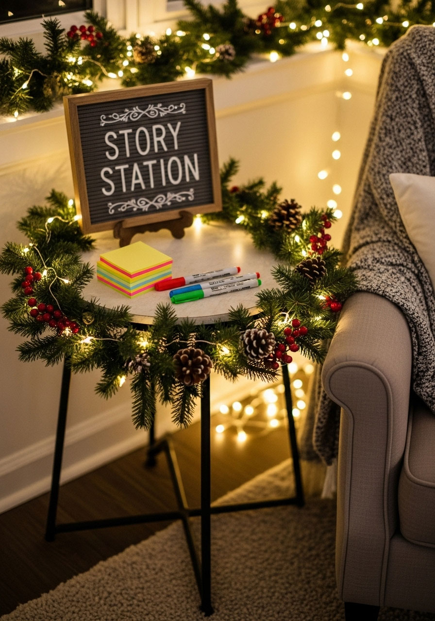 Designated story station setup for Christmas sticky note game with supplies and festive decorations
