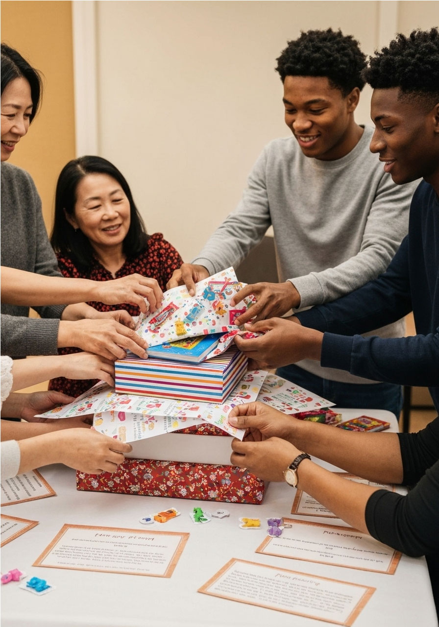 Family passing multilayer Christmas present unwrapping game