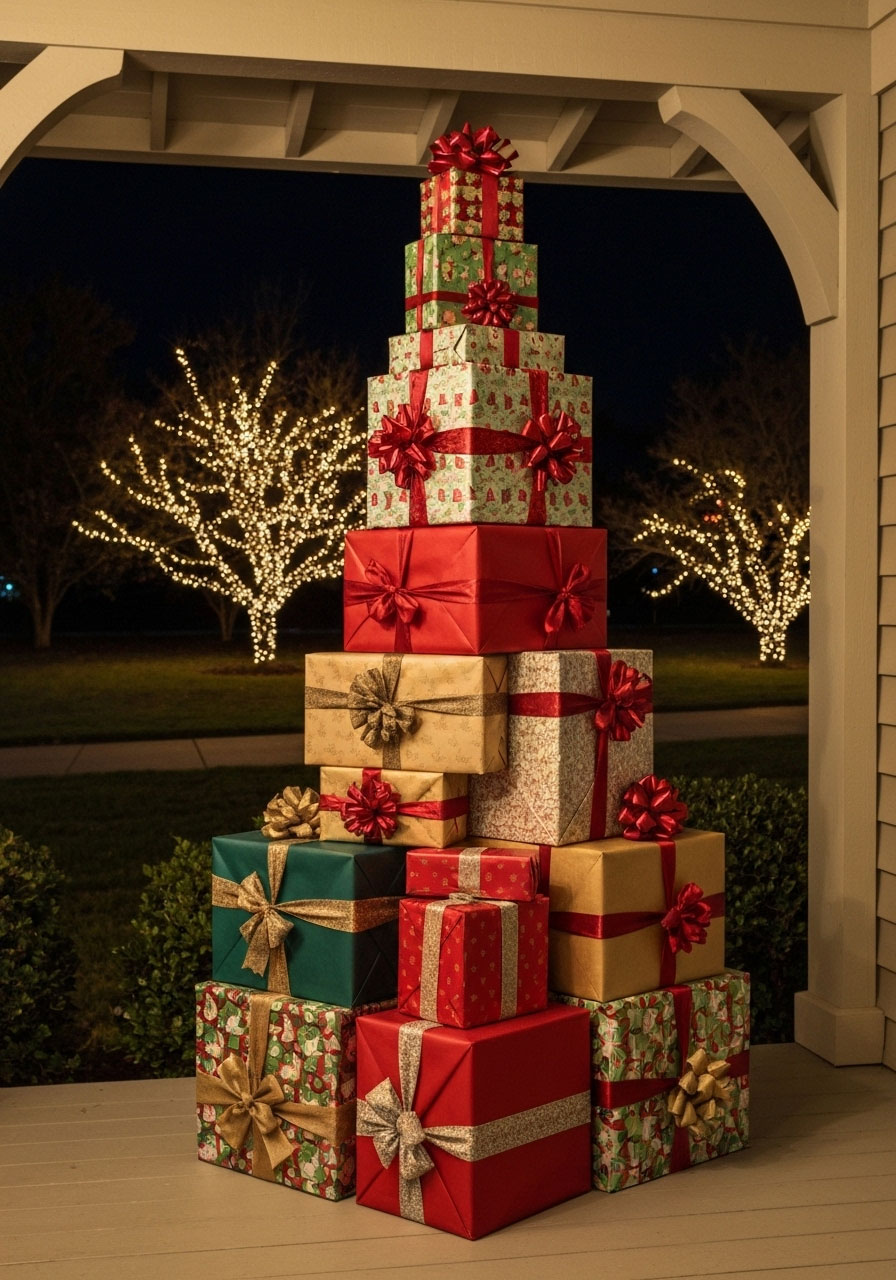 DIY stacked Christmas present boxes pyramid on porch