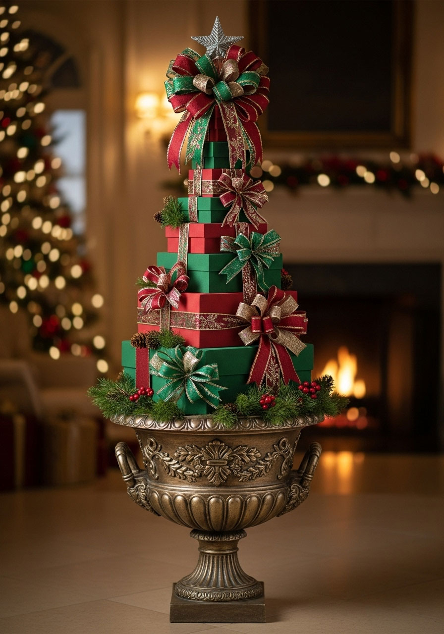 DIY Christmas present topiary with stacked painted boxes and ribbons