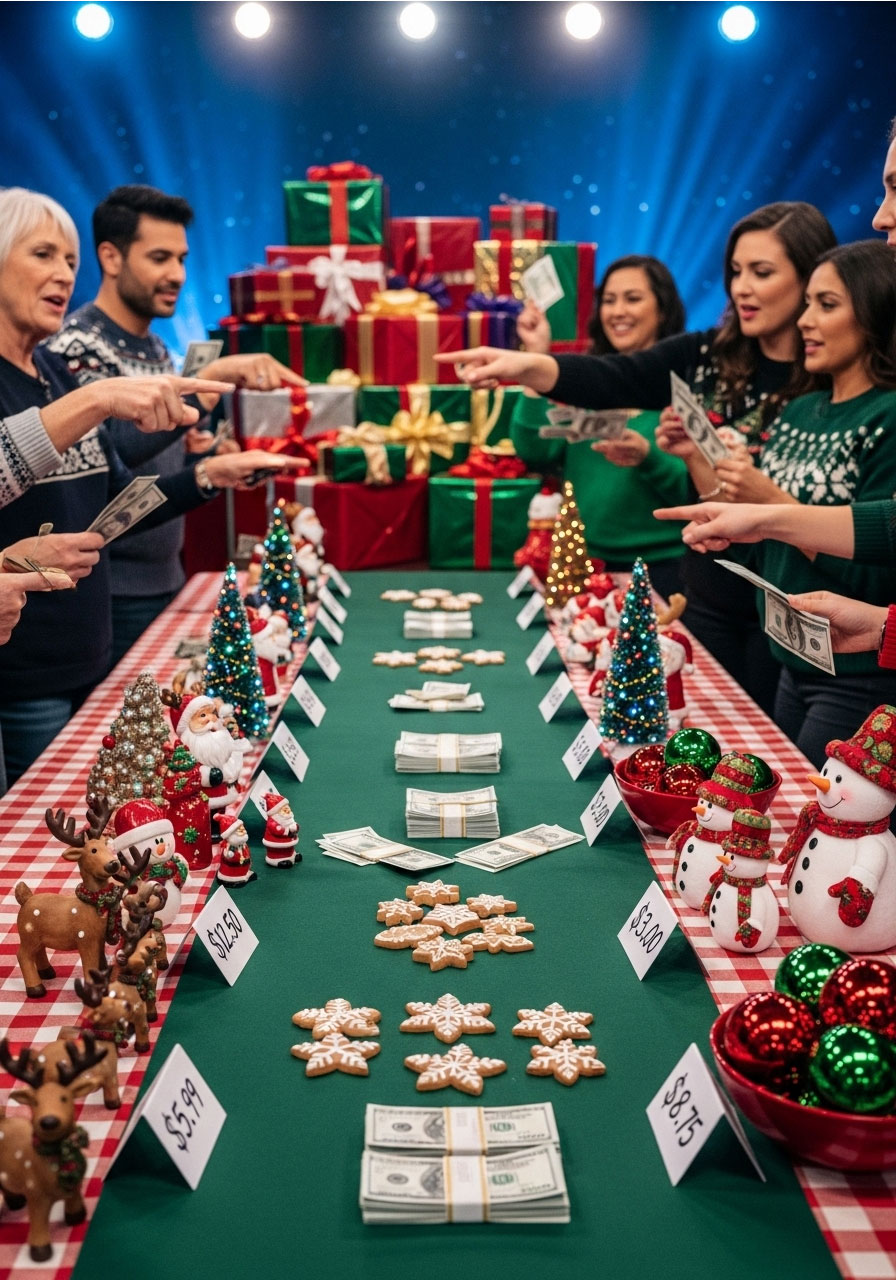 Christmas items with price tags and dollar bills for Christmas price is right gift exchange guessing game setup