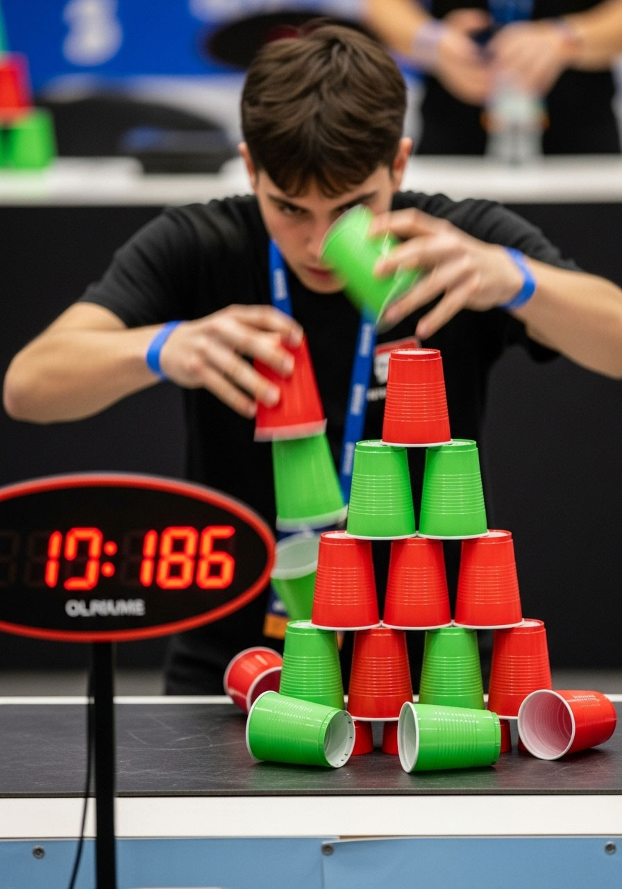 Family member competing in Christmas cup pyramid speed challenge