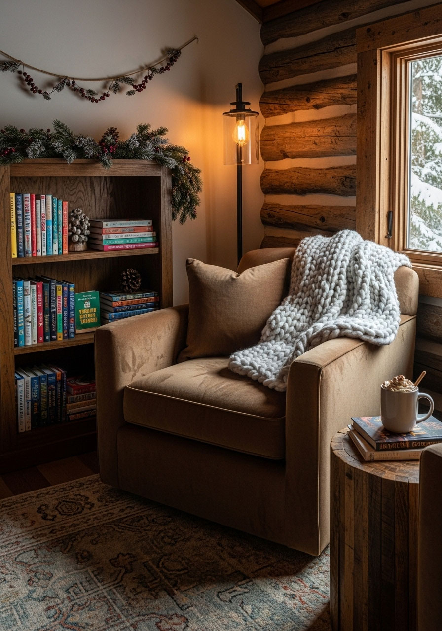 Cozy cabin reading nook with oversized chair, throw blanket, Christmas books, and side table perfect for holiday reading