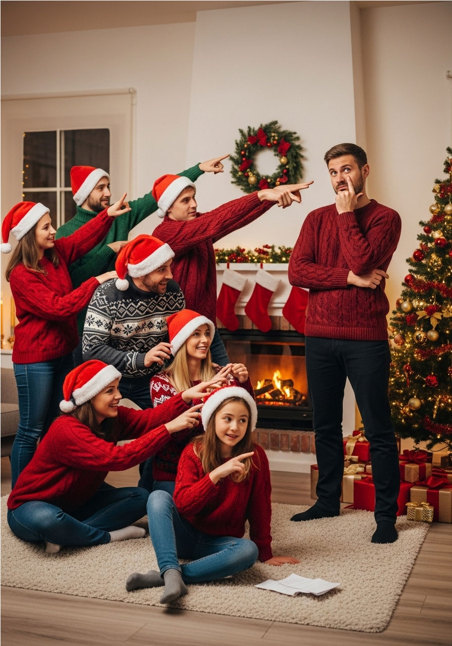 Family team playing Christmas reverse charades group game