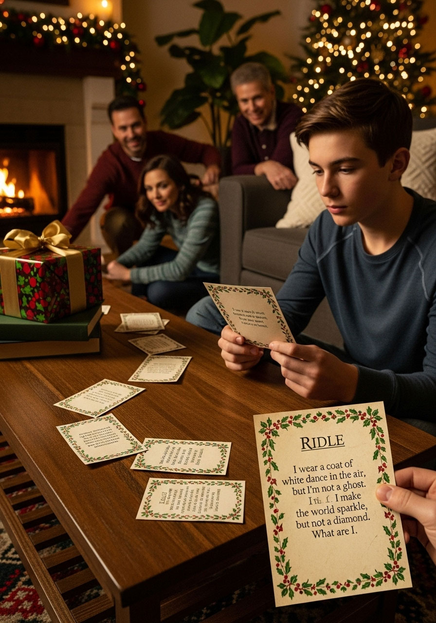 Teenager reading Christmas riddle clue card near fireplace with trail of previous clues and hidden wrapped prize during holiday scavenger hunt