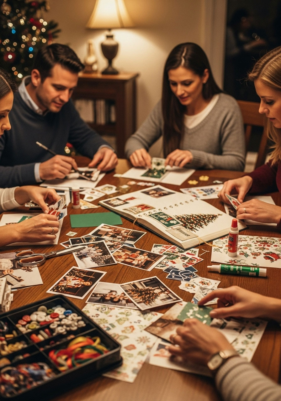 Adults creating Christmas memory scrapbook together with old photos and craft supplies