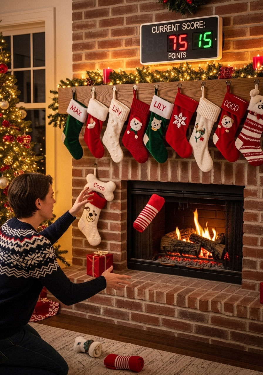 Family playing Christmas sock toss into stockings point game