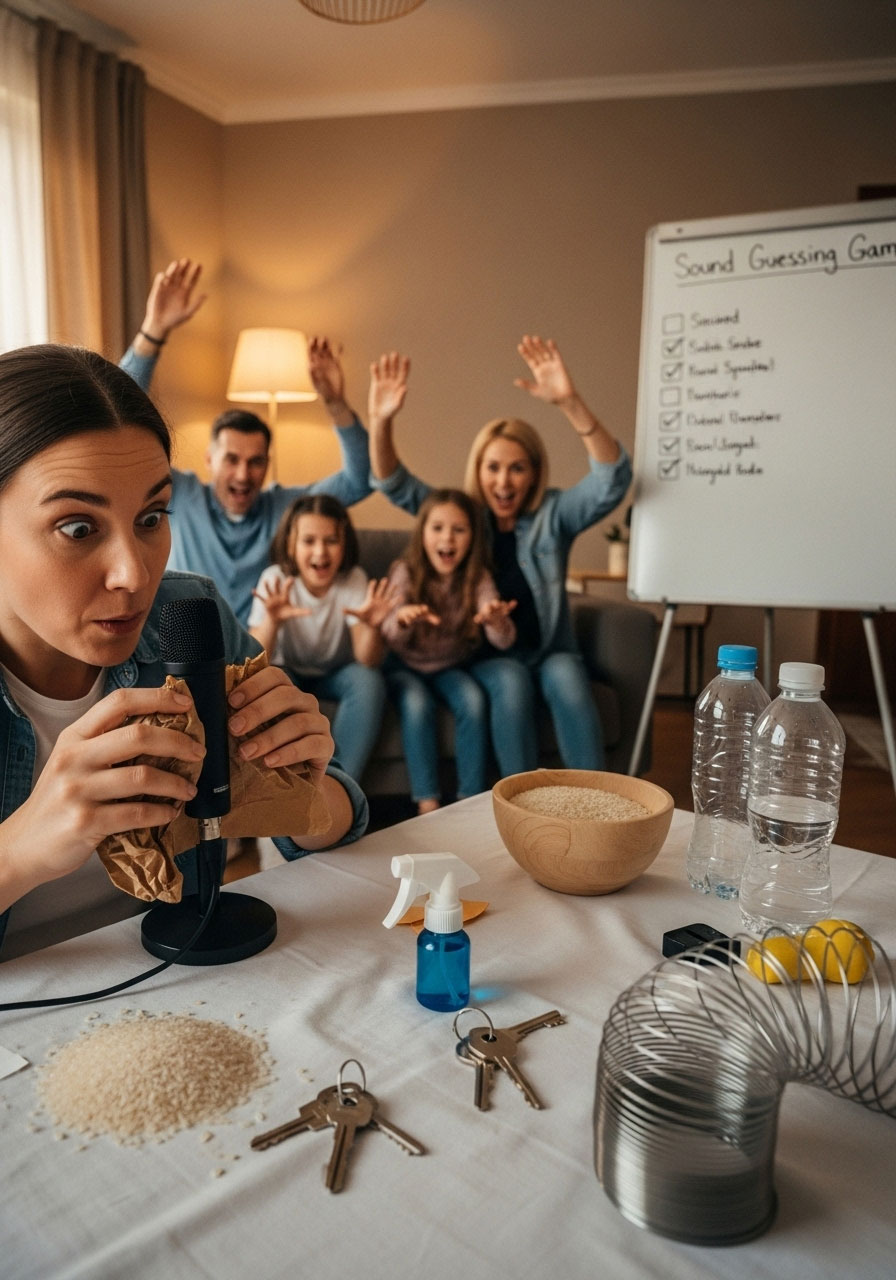 Family guessing Christmas activities from sound effects game