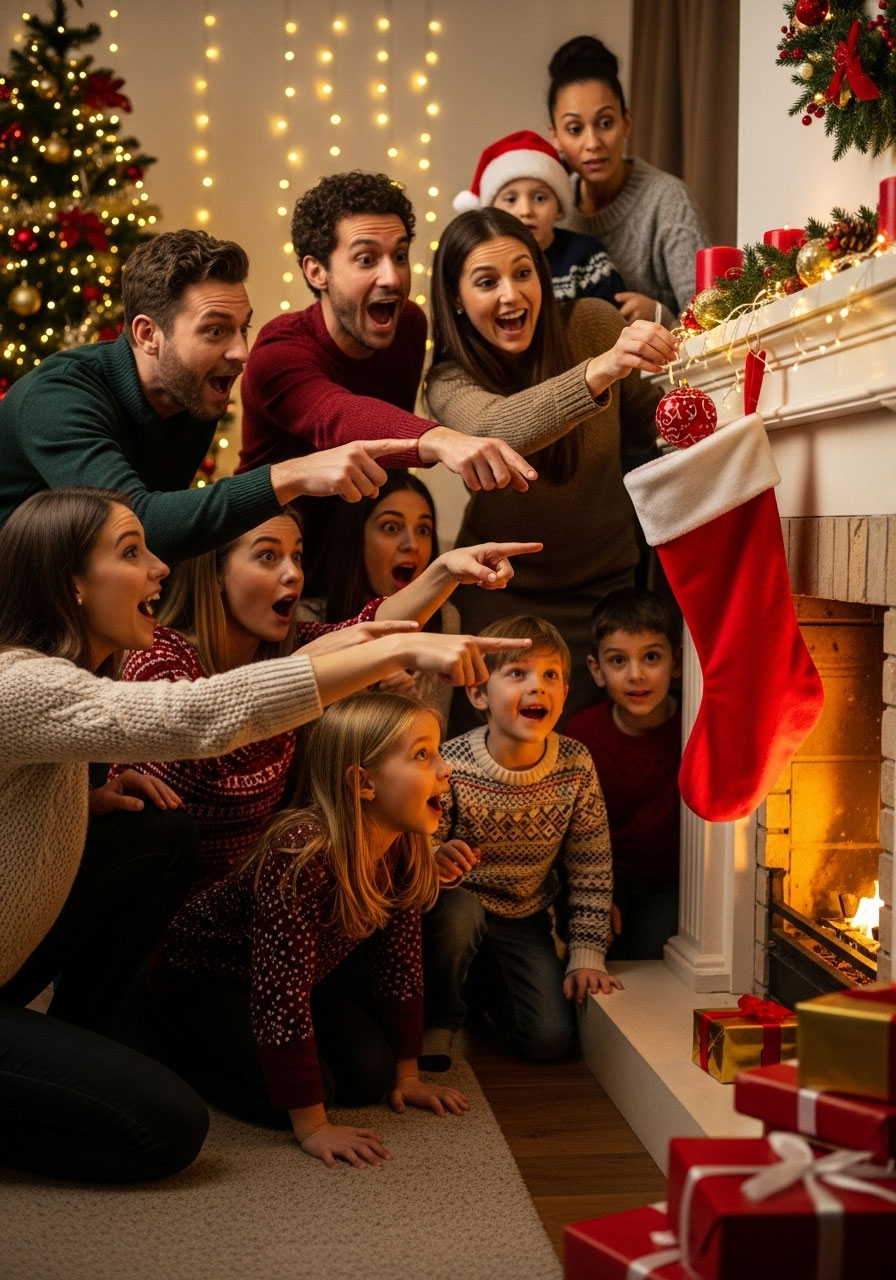 Excited family revealing items from Christmas stocking during party game with surprised reactions and laughter