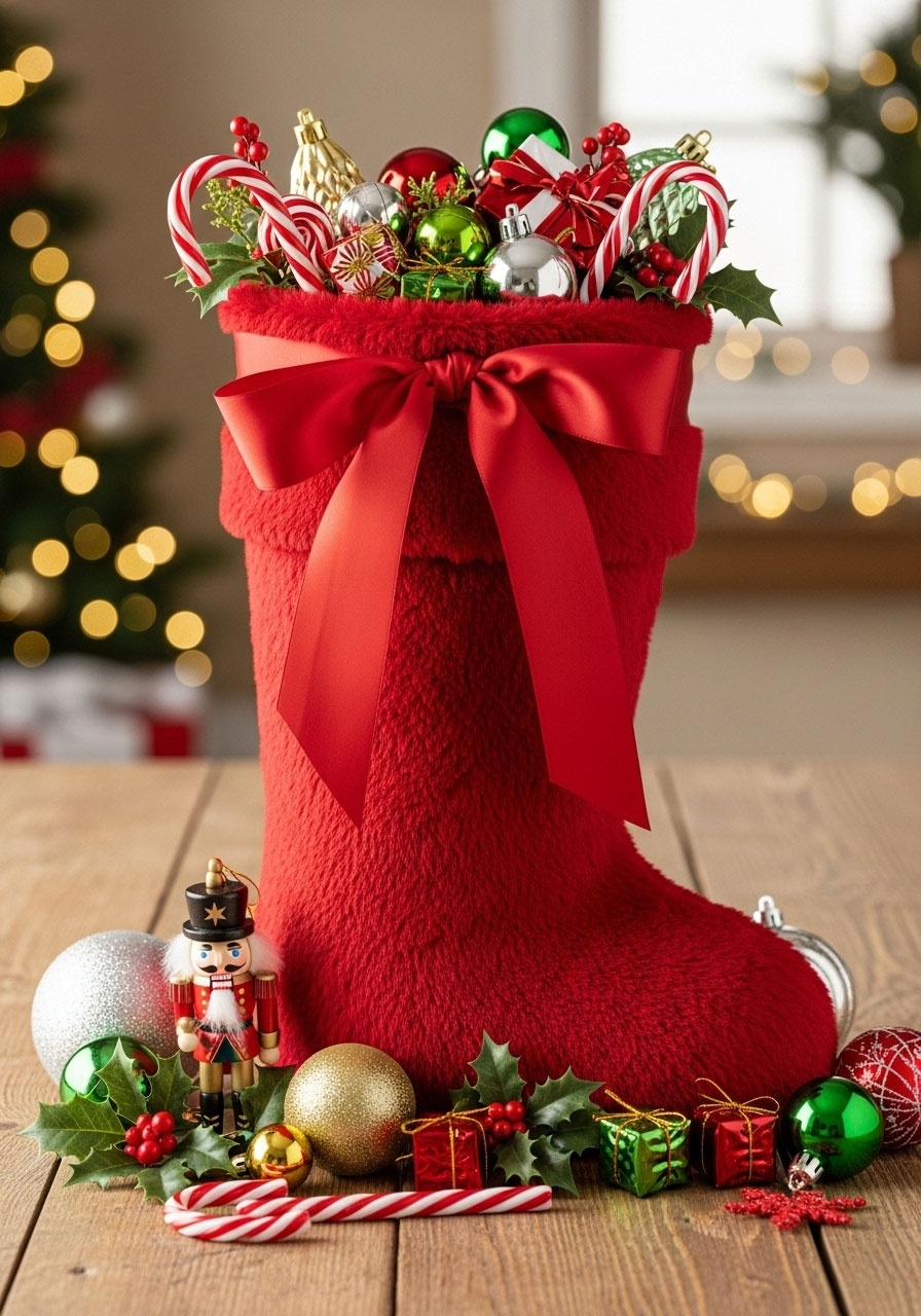 Red Christmas stocking filled with game items and tied closed, surrounded by holiday objects for party game setup