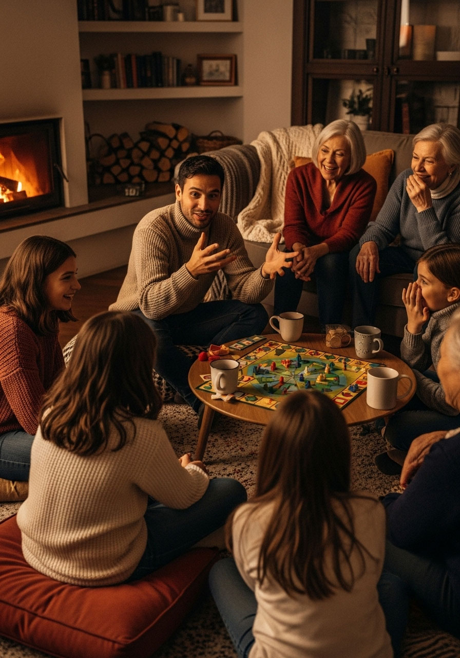 Family creating collaborative Christmas story chain game together
