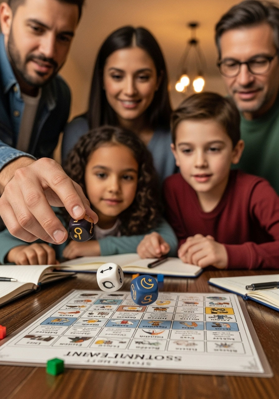Family creating story with Christmas dice game elements
