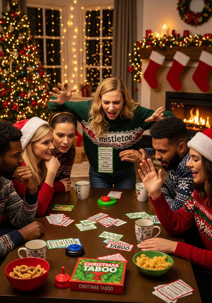 A group of friends playing the word-guessing game Christmas Taboo, a hilarious challenge for a holiday game night.