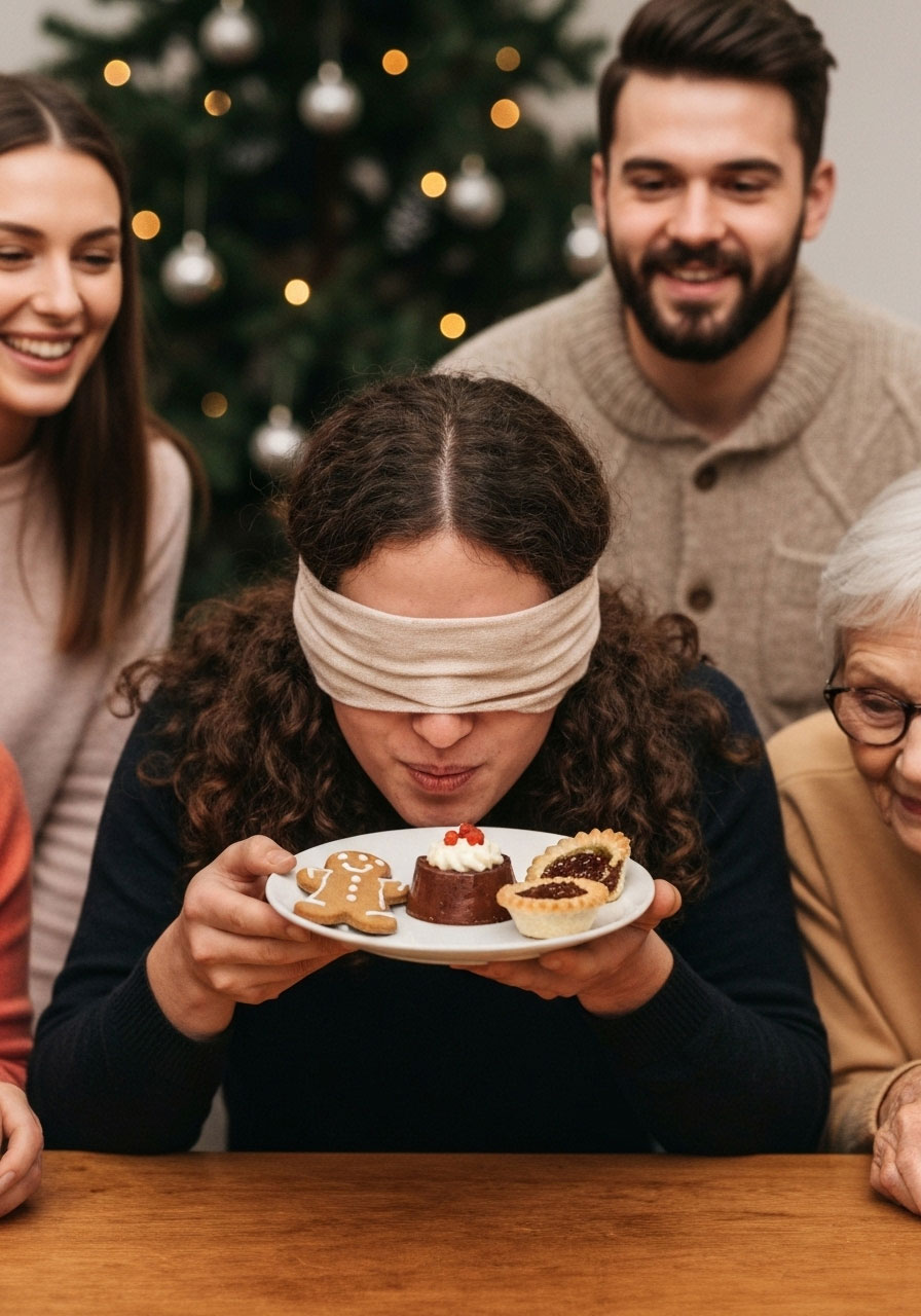 Family member doing Christmas taste test blindfold challenge