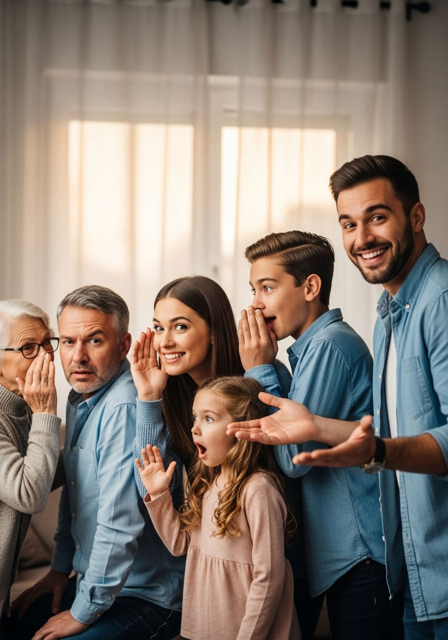 Large family playing Christmas telephone whisper message game