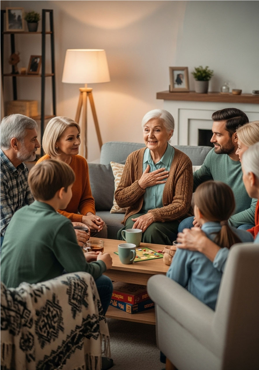 Family sharing Christmas gratitude in thank you circle tradition