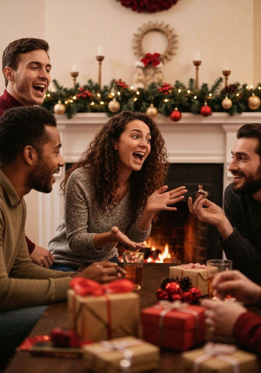 A group playfully debates holiday choices in the Christmas This or That game, a fantastic icebreaker for any party.