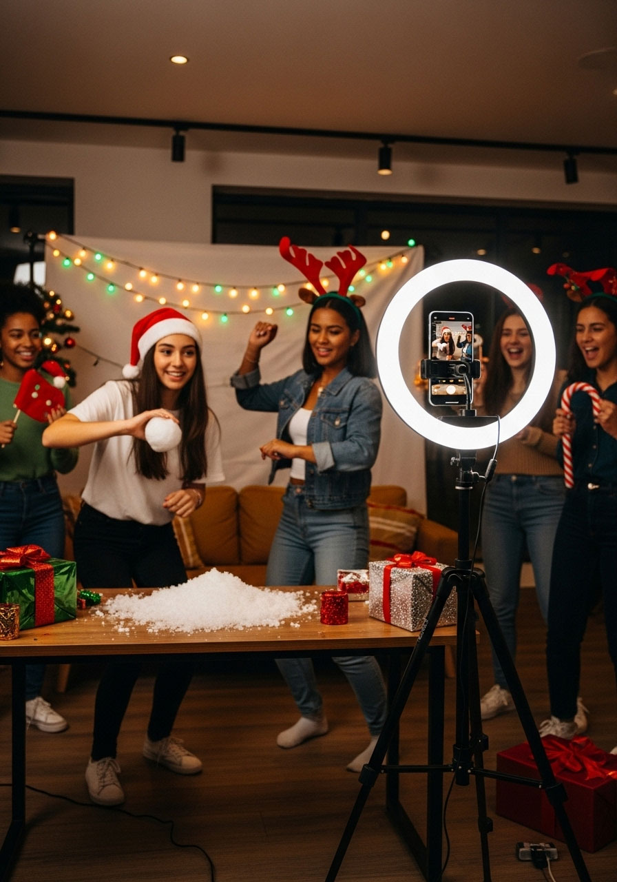 Teenagers filming Christmas TikTok challenge video with ring light, props, festive backdrop and friends watching during holiday party