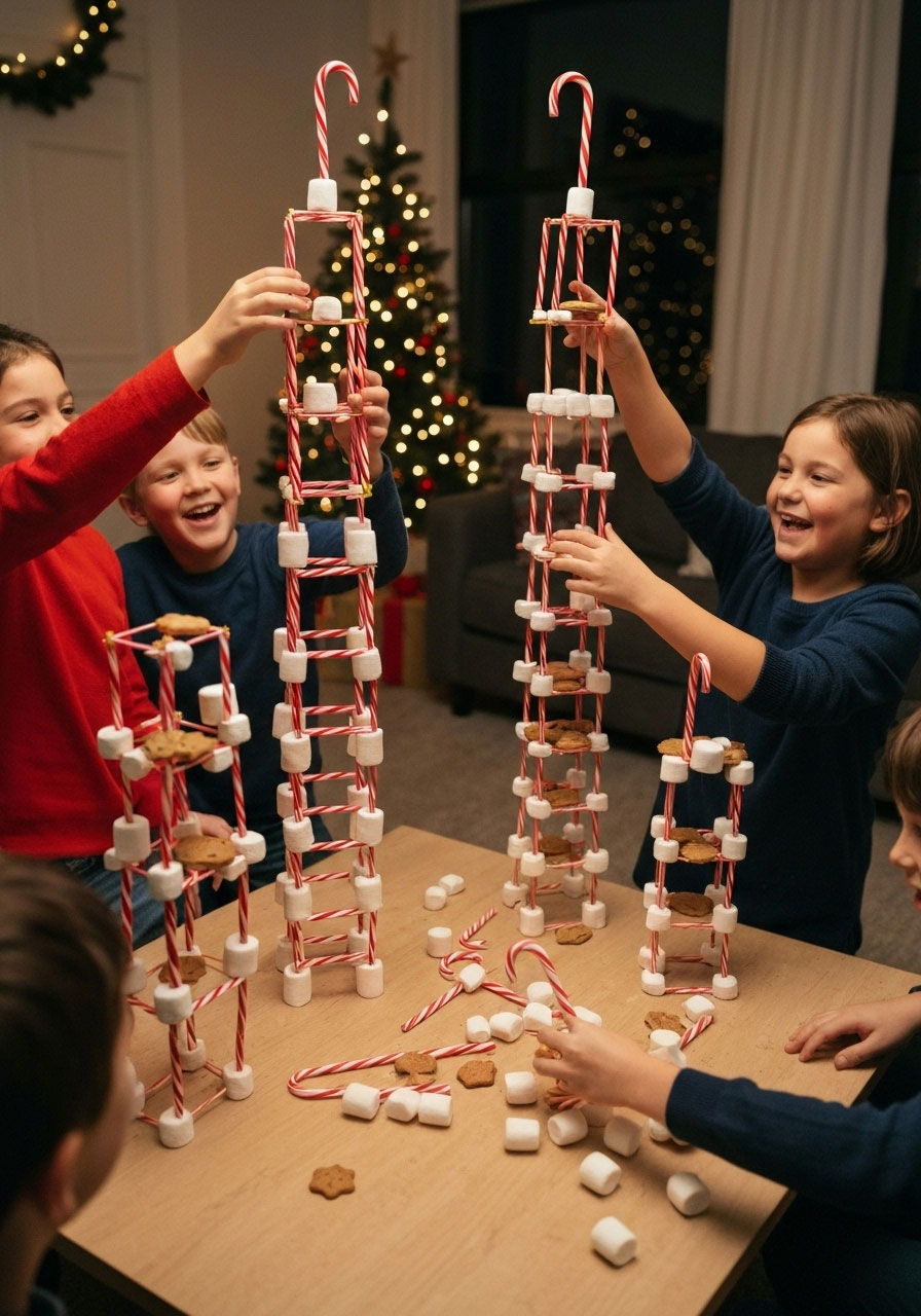 Family teams building Christmas item towers in competition challenge