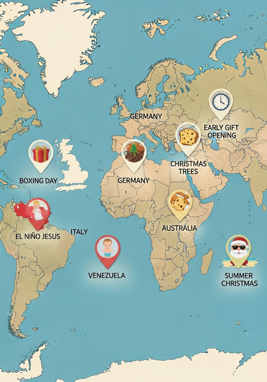 Global Christmas traditions world map showing countries with unique holiday celebrations and customs