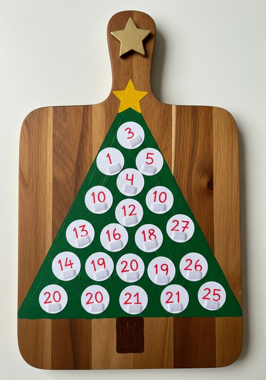 Interactive Christmas tree countdown calendar on Dollar Tree cutting board with removable numbered ornament circles