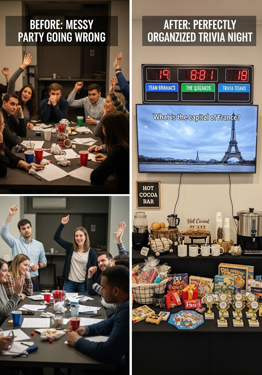 Christmas trivia hosting tips showing organized versus chaotic party setup for successful game night