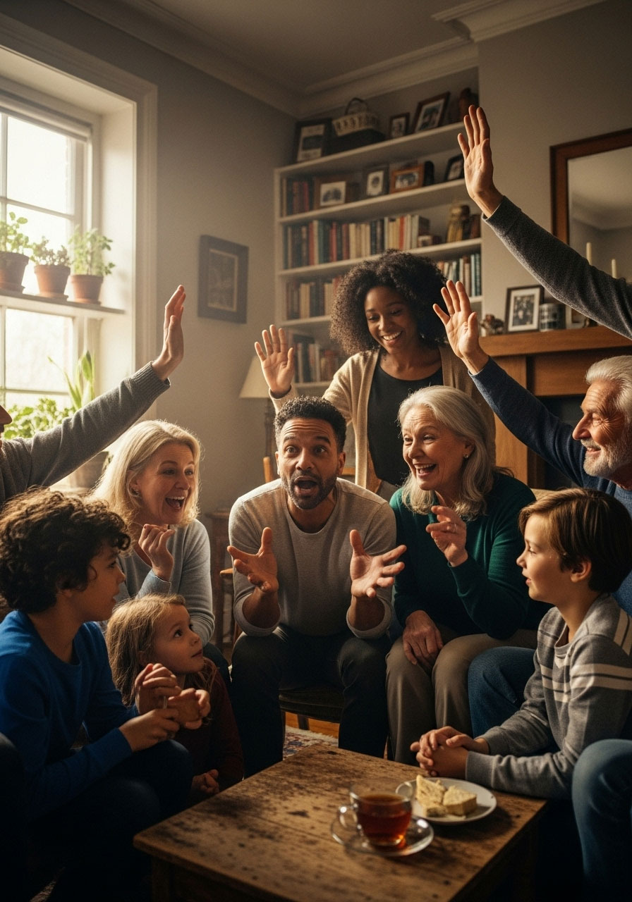 Family playing Christmas Two Truths and a Lie memory game