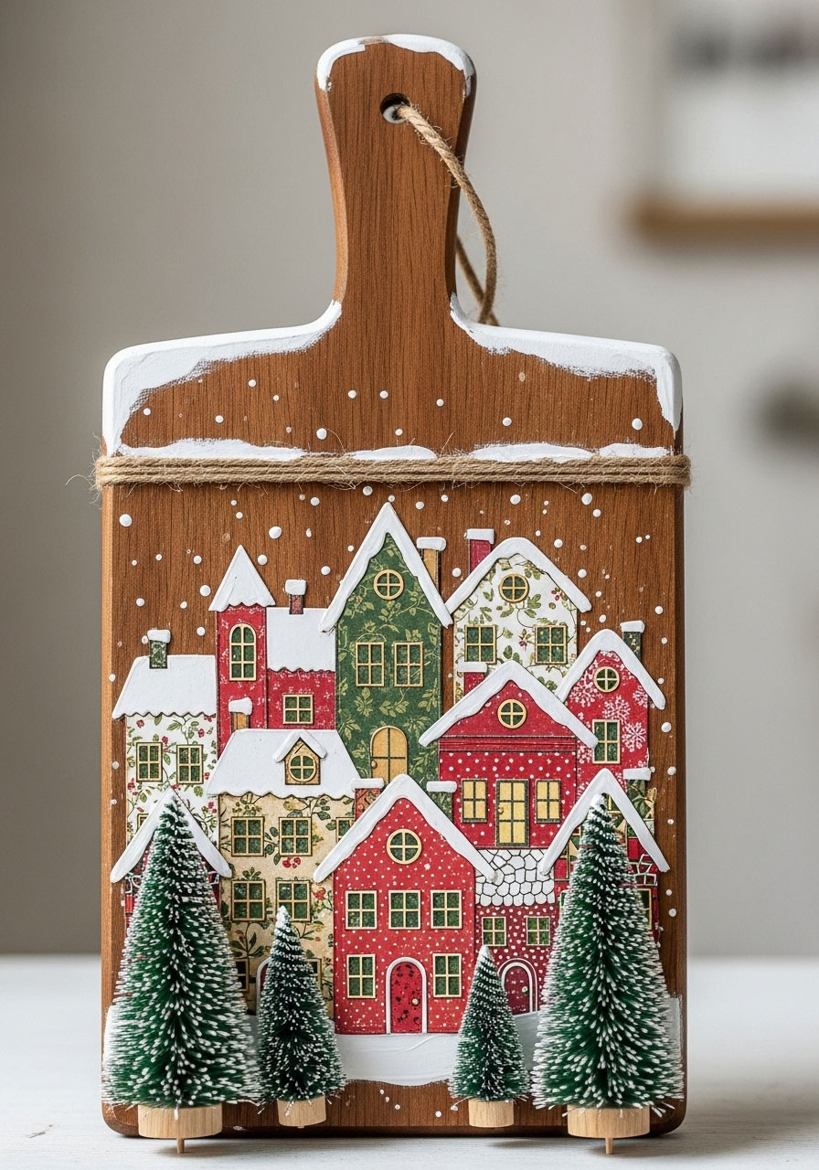 Christmas village scene on Dollar Tree cutting board with mini bottle brush trees and dimensional paper houses