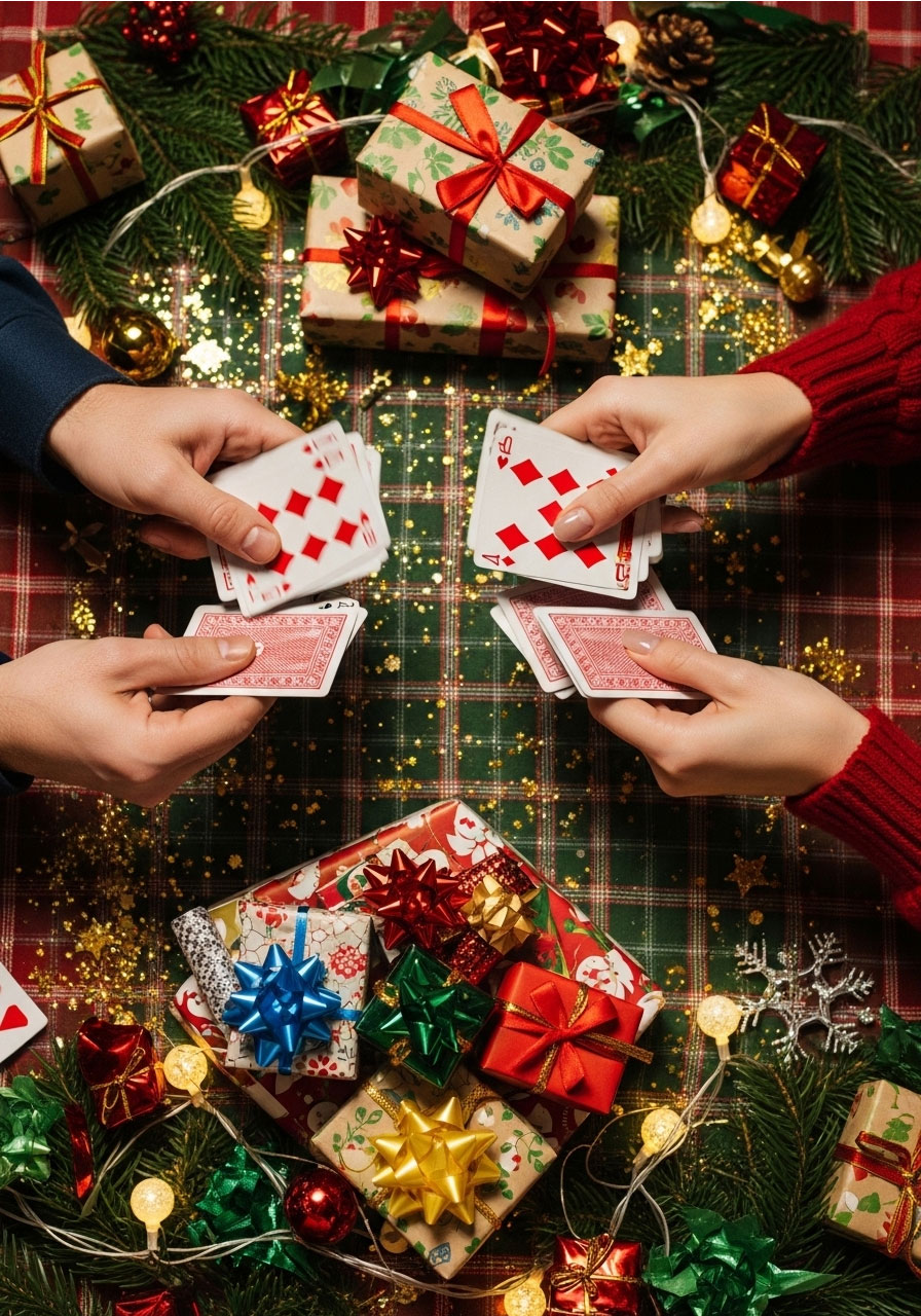 Two players competing in Christmas war card game gift exchange with playing cards and wrapped holiday presents