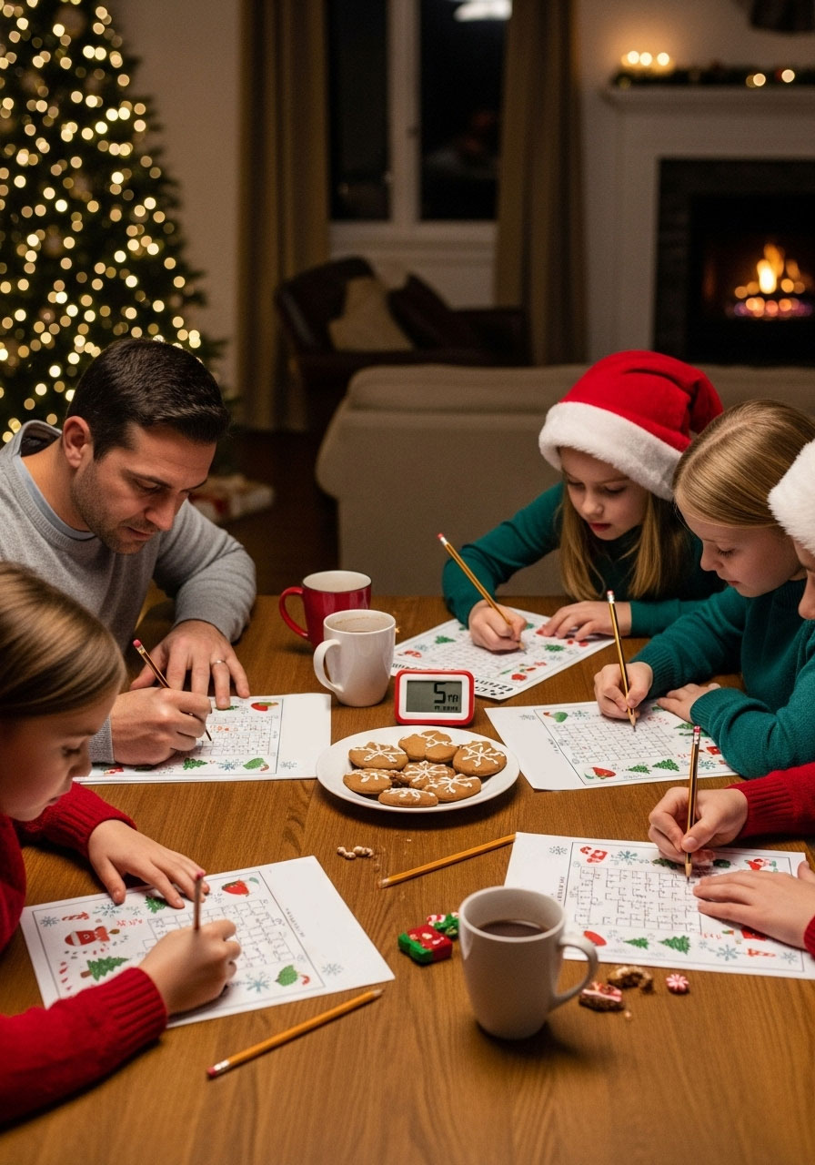Family racing to solve Christmas word scramble puzzle sheets