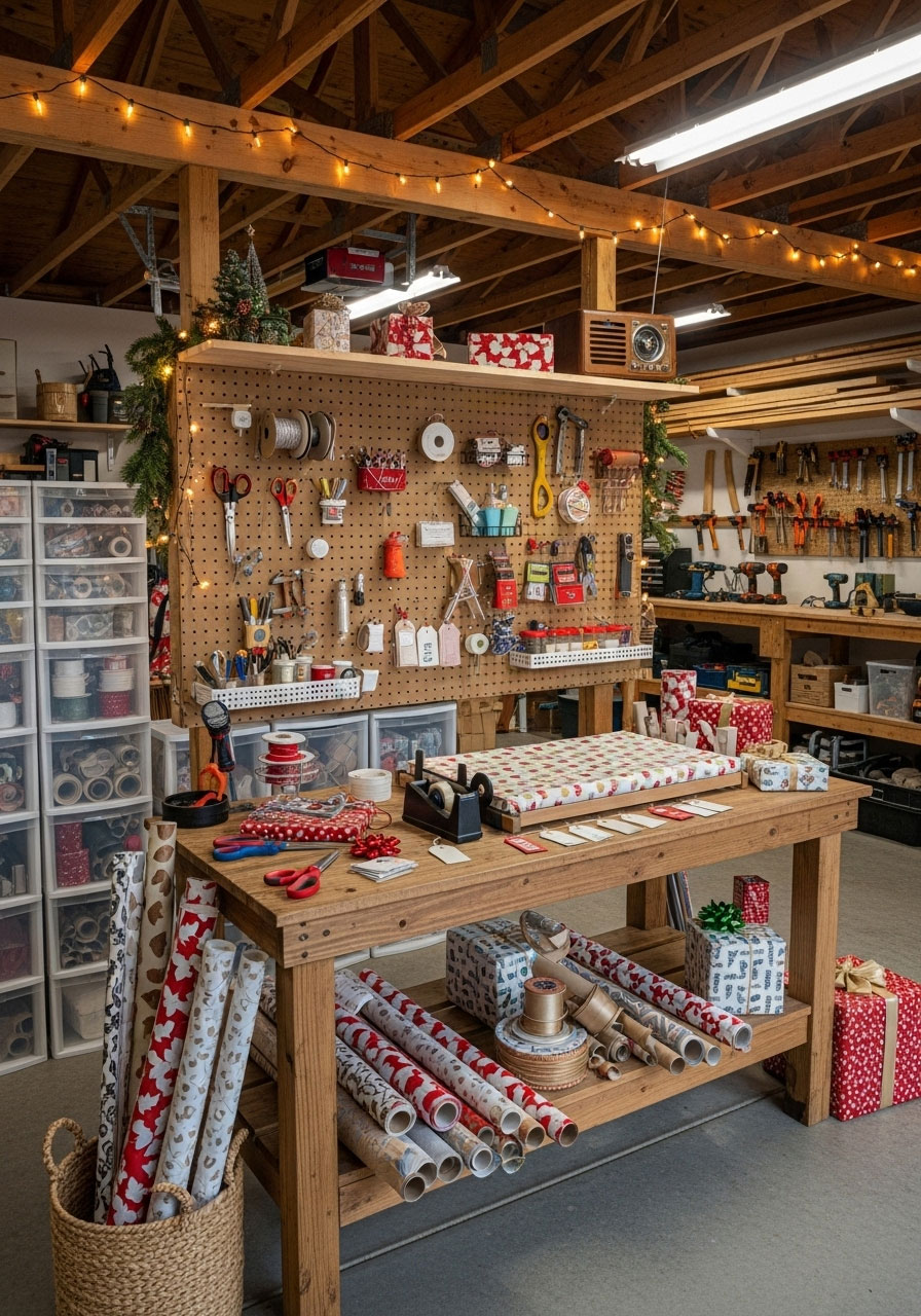 Organized cabin garage set up as Christmas workshop with wrapping station, pegboard supplies, storage bins, and festive lighting