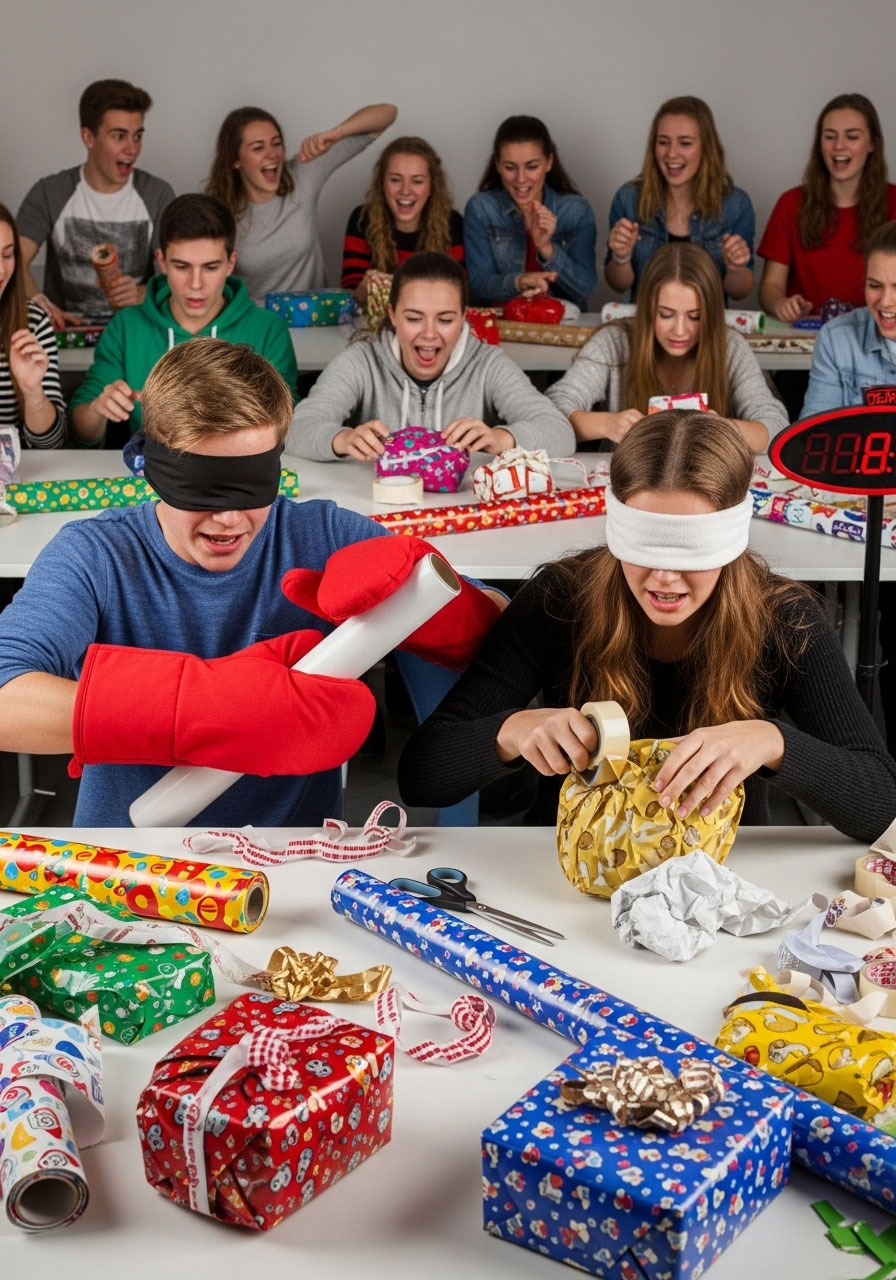 Teenagers competing in Christmas gift wrapping race with blindfolds and oven mitts, messy wrapping paper, tape, and competitive holiday fun