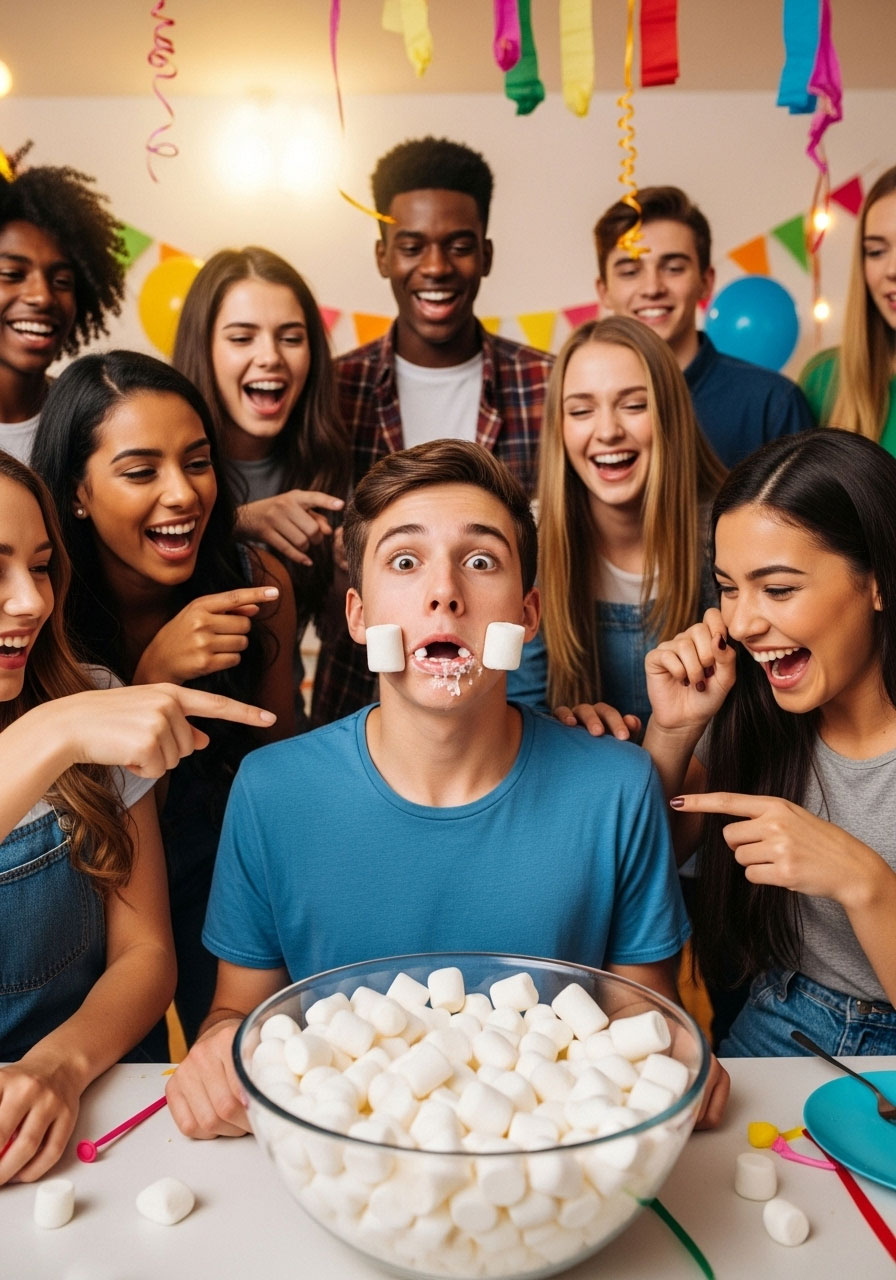 Teenager with mouth full of marshmallows playing chubby bunny game