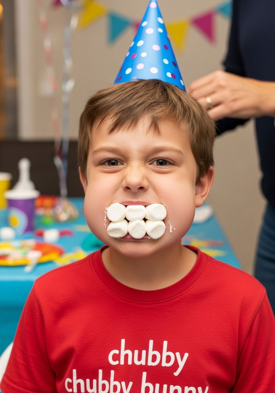 Child with marshmallows in mouth playing chubby bunny at birthday party game