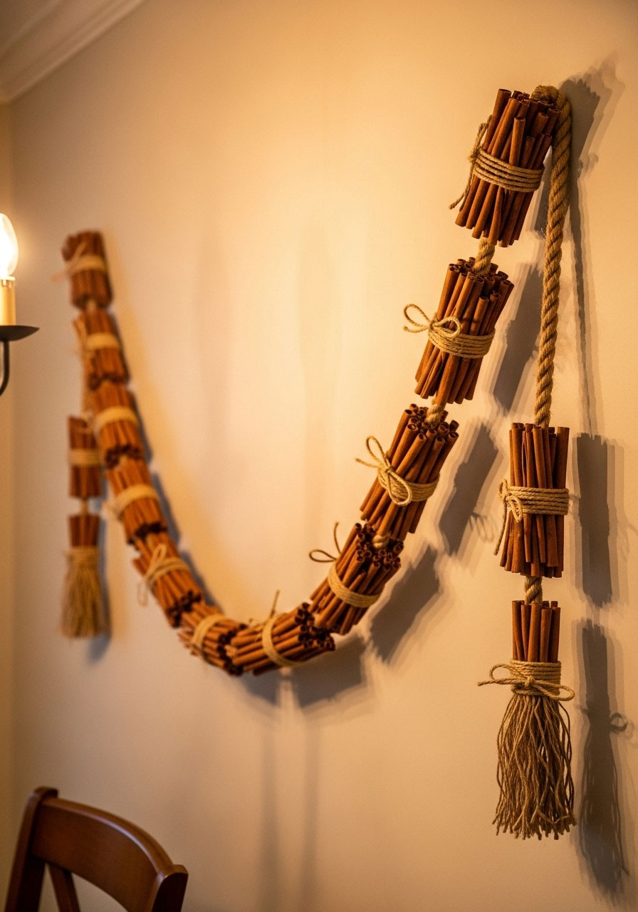 Finished cinnamon stick garland on wall showing bundled sticks in aromatic rustic display