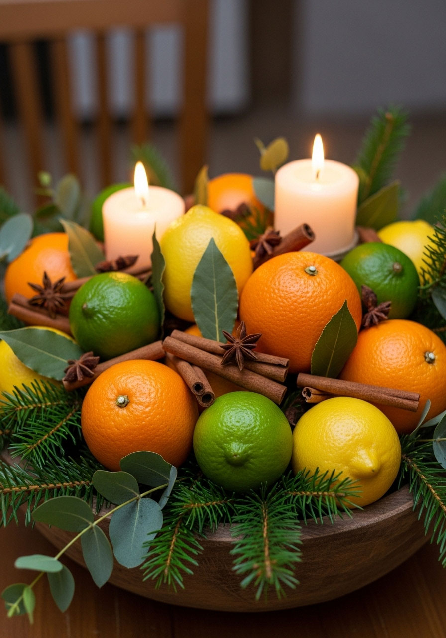 Citrus and spice aromatic Christmas centerpiece with oranges, cinnamon and star anise in wooden bowl