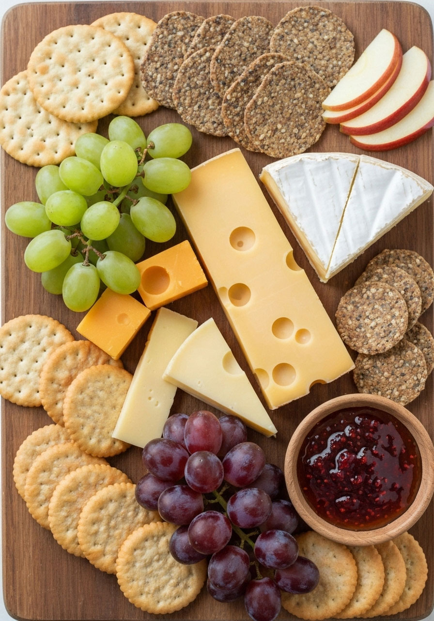 Classic cheese and cracker Thanksgiving charcuterie board with cheddar, gouda, brie and simple accompaniments