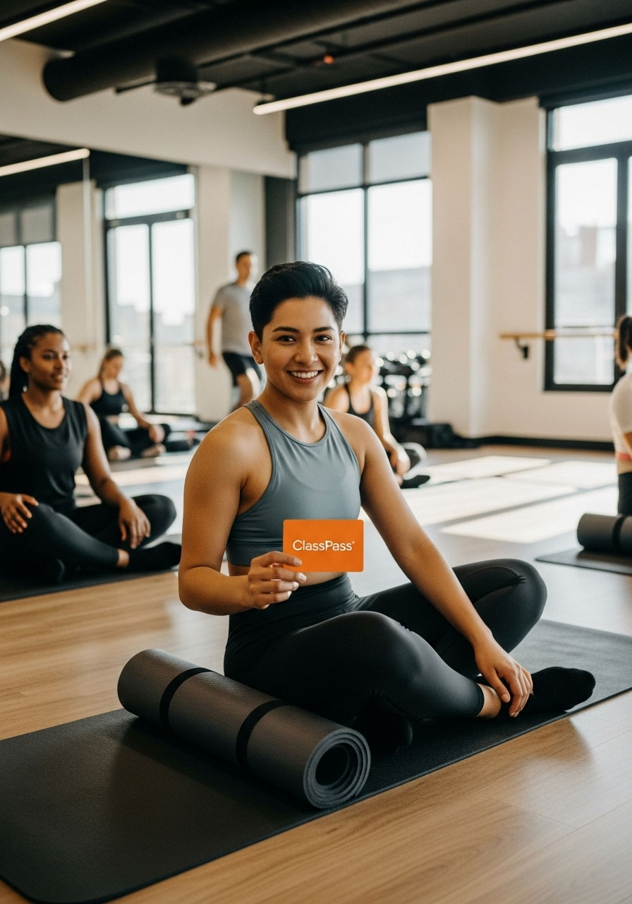 Person at fitness class with ClassPass gift card for Christmas wellness experience gift