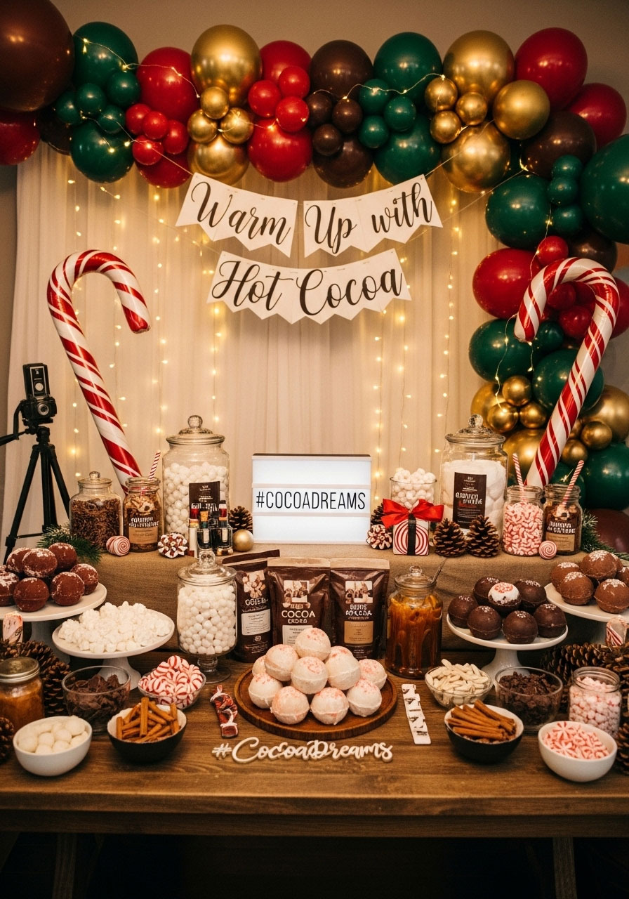Instagram-ready hot cocoa bar photography station with festive balloon garland backdrop, branded hashtag sign, warm lighting, and photo props