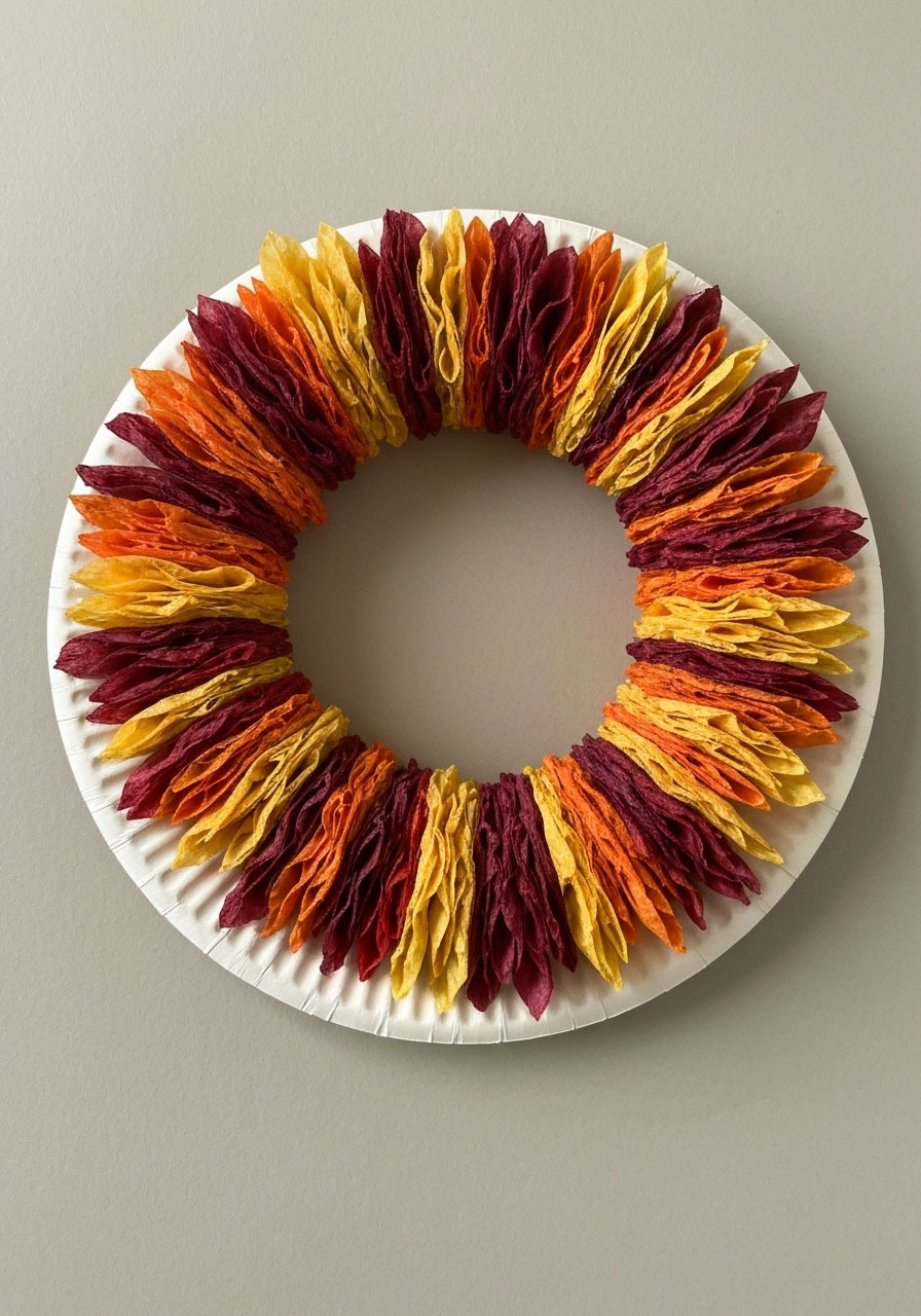 Coffee filter fall wreath craft with dyed autumn colors for kids