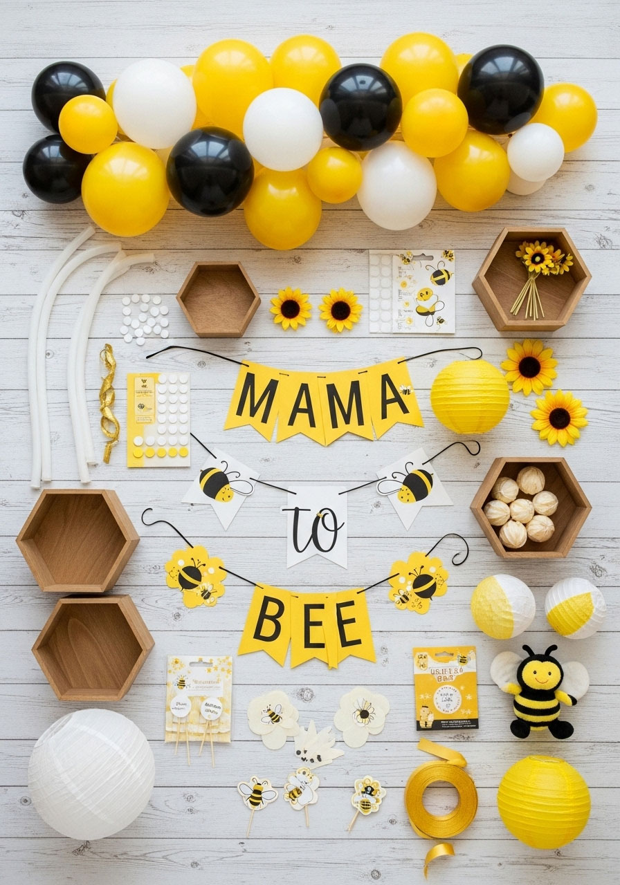Complete honeybee baby shower decoration kit with balloons banner and hexagon display boxes