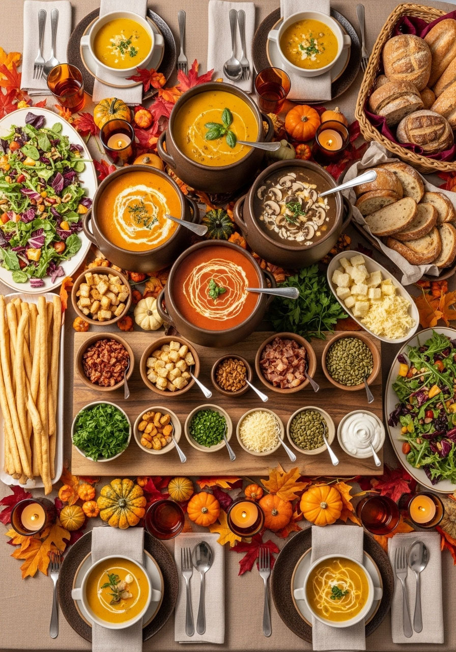 Complete fall soup party spread with soup buffet, toppings bar, sides, and autumn decorations in overhead view