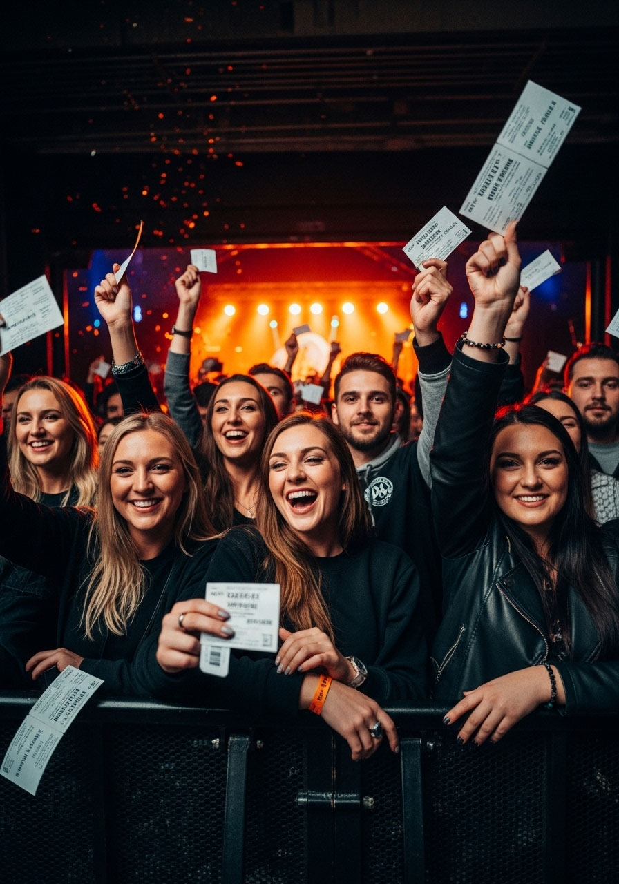 People with concert tickets at live music venue for Christmas entertainment experience gift